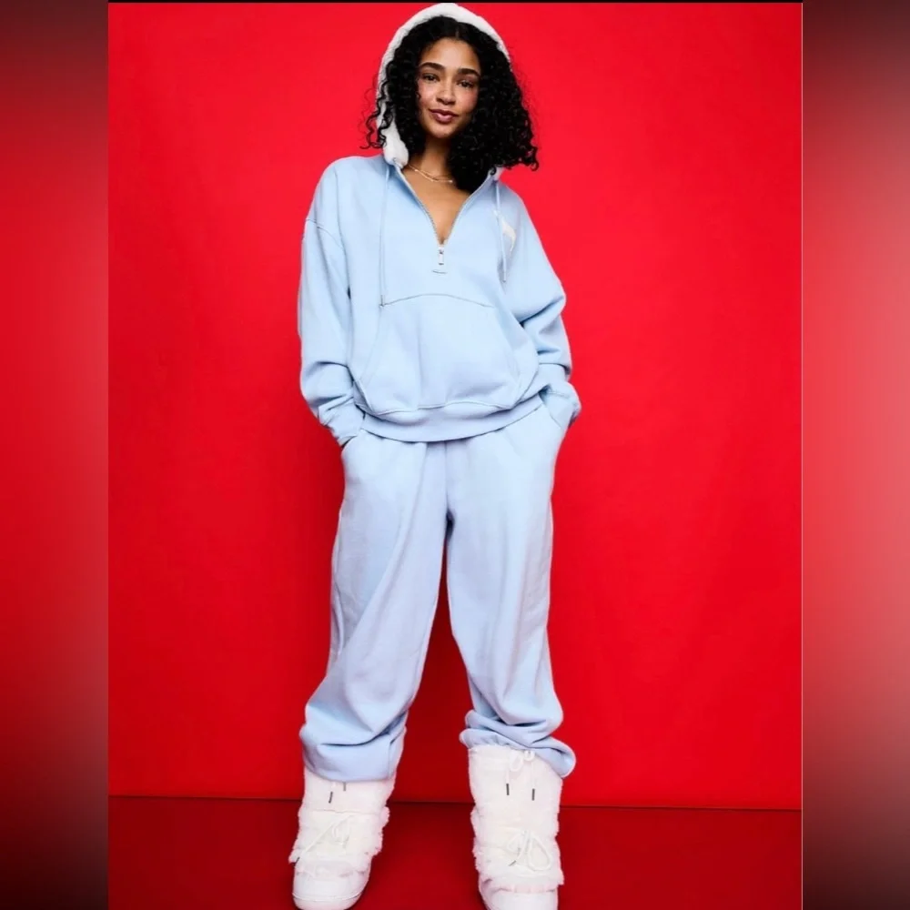 Victoria’s Secret Pink Icy Blue Campus Fleece Tunic Hoodie Top Sweatshirt - Picture 4 of 4